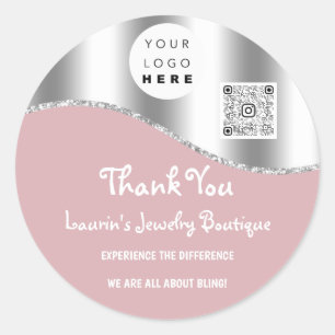 Thank You Business Name Logo Qr Code Pink Silver Classic Round Sticker