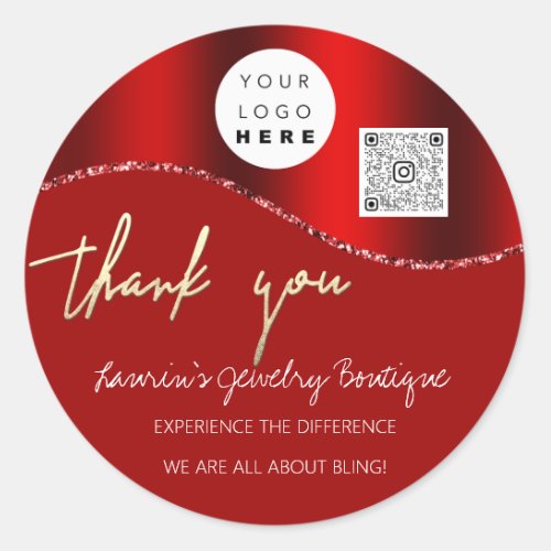 Thank You Business Name Logo Qr Code Red Glitter Classic Round Sticker