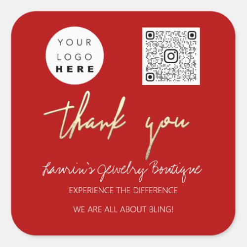 Thank You Business Name Logo Qr Code Red Gold Square Sticker
