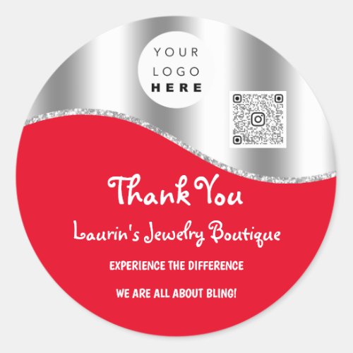 Thank You Business Name Logo Qr Code Red Silver  Classic Round Sticker
