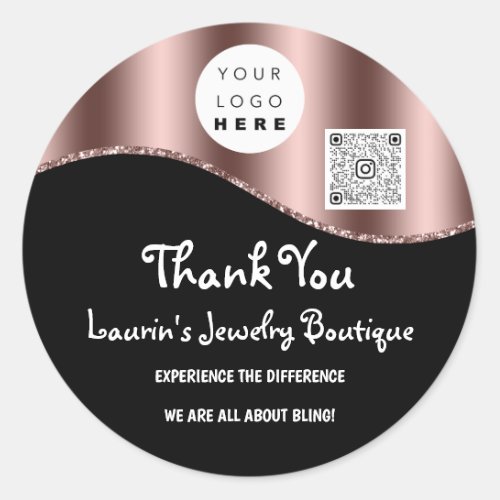 Thank You Business Name Logo Qr Code Rose Black Classic Round Sticker