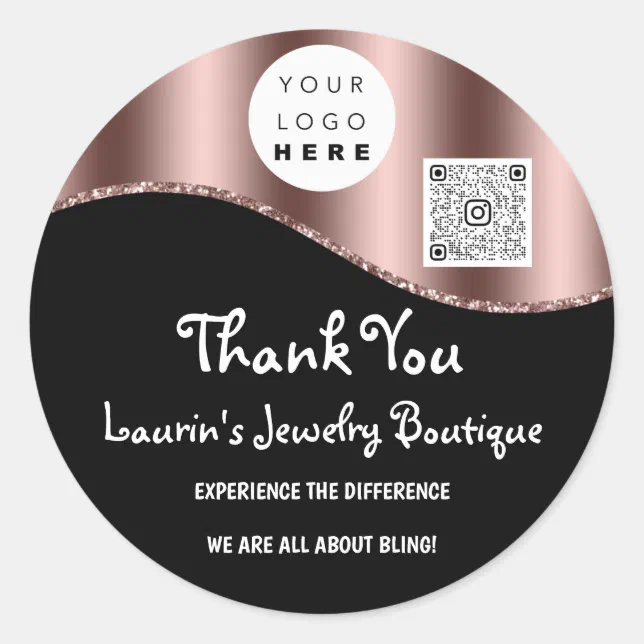 Thank You Business Name Logo Qr Code Rose Black Classic Round Sticker ...