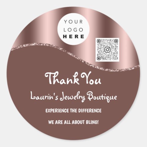 Thank You Business Name Logo Qr Code Rose Brown Classic Round Sticker