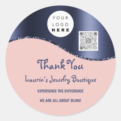 Thank You Business Name Logo Qr Code Rose Navy Classic Round Sticker
