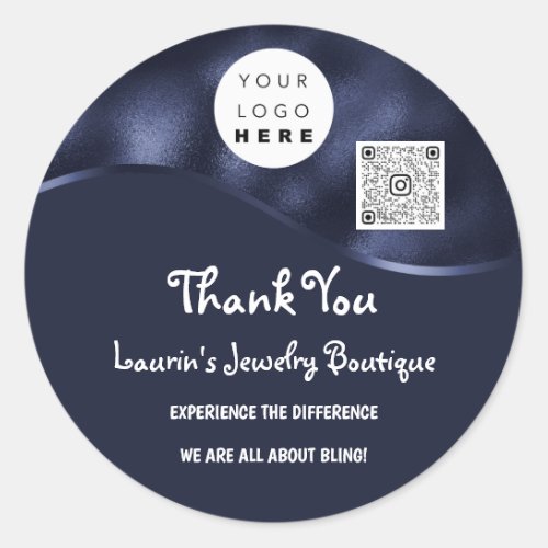 Thank You Business Name Logo QrCode Blue Navy Classic Round Sticker