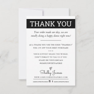 THANK YOU business order insert modern black white Card