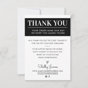 THANK YOU business order insert modern black white Card