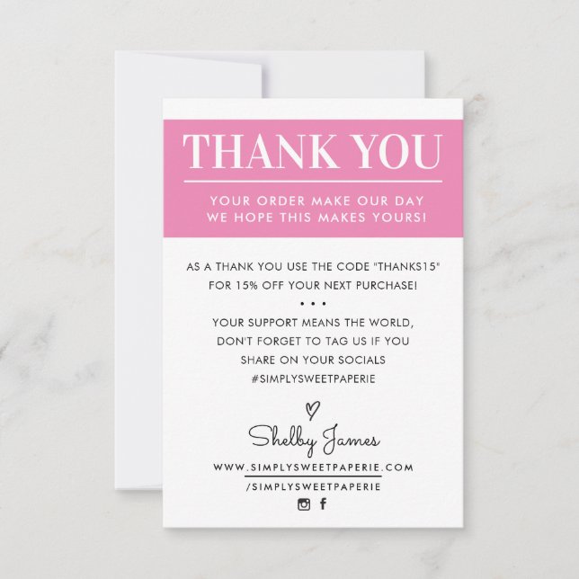 THANK YOU business order insert modern pretty pink Card (Front)