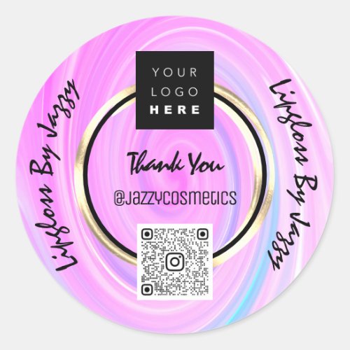 Thank You Business QR Code Logo Black Gold Pink Classic Round Sticker
