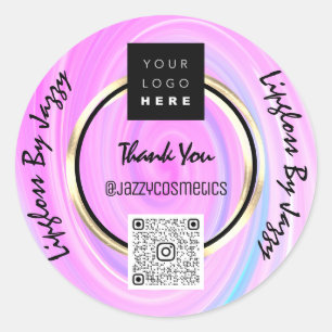 Thank You Business QR Code Logo Black Gold Pink Classic Round Sticker