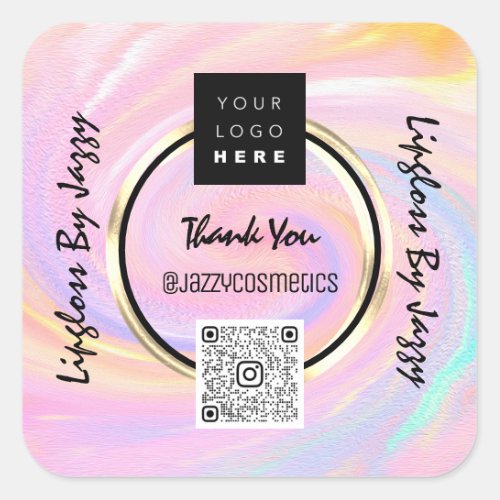 Thank You Business QR Code Logo Pink Holographic Square Sticker