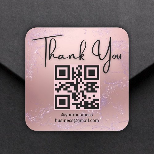 thank you business qr code pink metallic glitters square sticker