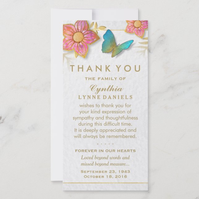 Thank You Butterfly Floral White Gold Sympathy Card (Front)