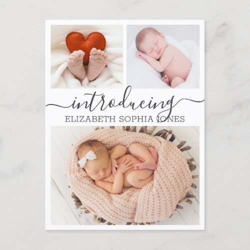 Thank You Calligraphy 3 Photo Collage Birth Announcement Postcard