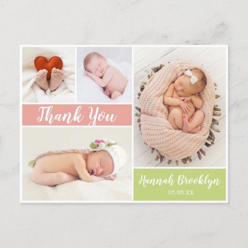 Thank You Calligraphy 4 Photo Collage Birth Announcement Postcard