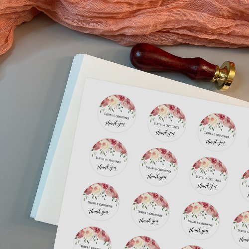 Thank You Calligraphy Burgundy Blush Roses Classic Round Sticker