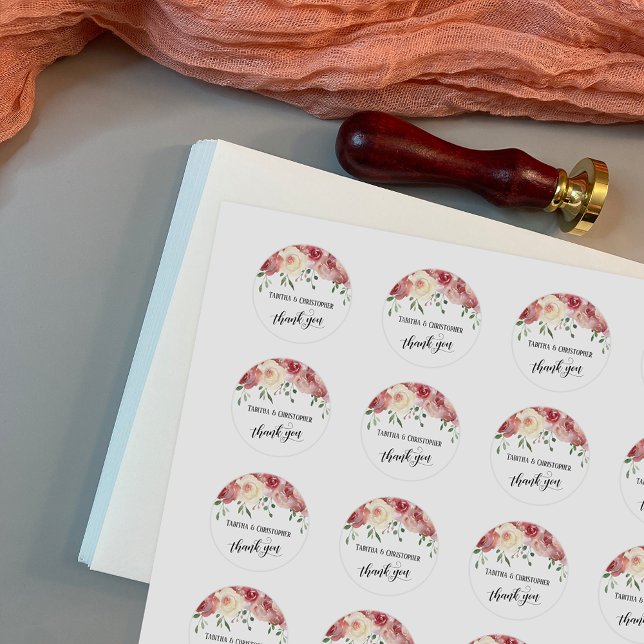 Thank You Calligraphy, Burgundy, Blush Roses Classic Round Sticker (Creator Uploaded)