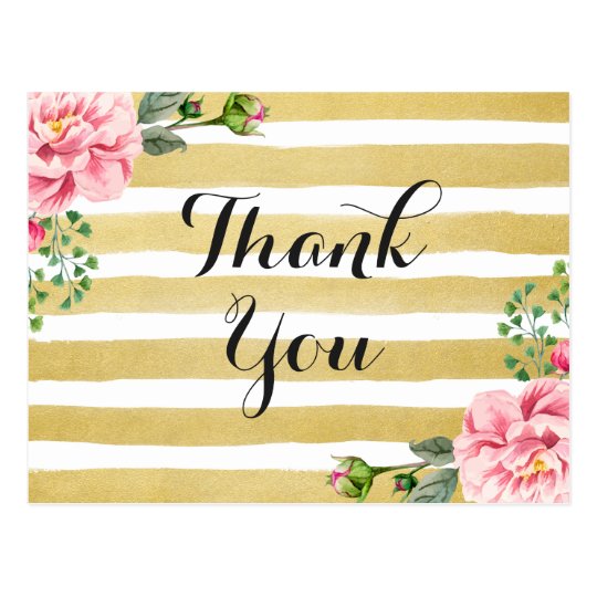 Thank You Calligraphy Script Floral Gold Stripes Postcard | Zazzle.com