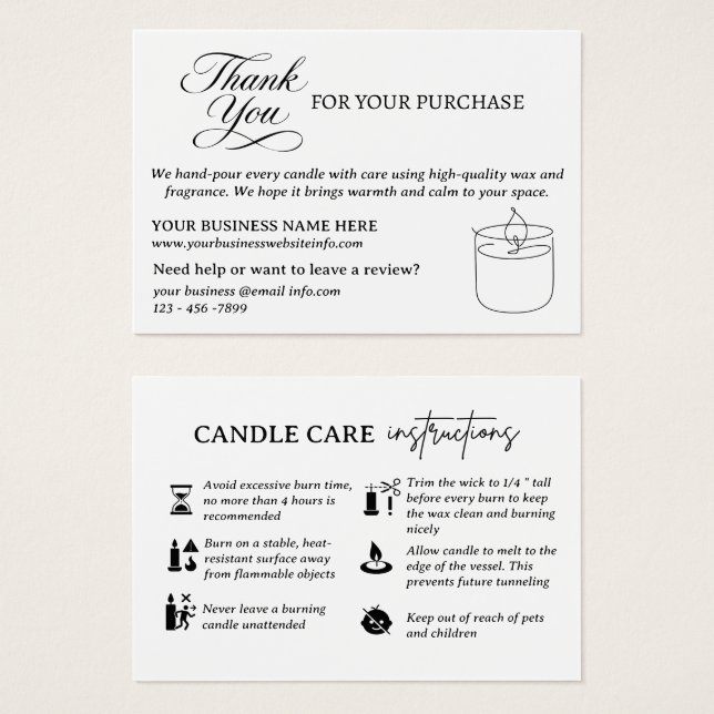 Thank You & Candle Care Package Insert Card (Front & Back)