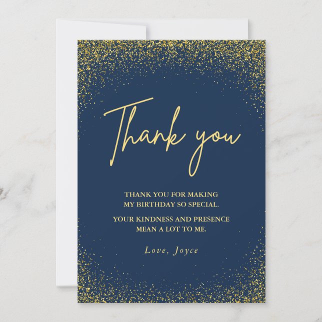 Thank you card 75th birthday Gold Navy Glam (Front)