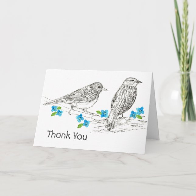 Thank You Card Birds Blue Flowers Nature Drawing (Front)