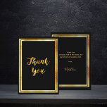 Thank you card birthday black gold<br><div class="desc">A birthday thank you card. A black background color and a faux gold frame.  On front a hand lettered style script and the text: Thank You! 

Back: Template for your thank you note and name.</div>