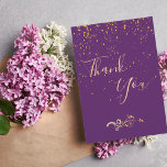 Thank you card birthday purple gold confetti<br><div class="desc">A purple background color and a golden confetti rain. On front a modern hand lettered style script and the text: Thank You and a floral faux gold decor.
Back: Template for Your thank you note and name/names</div>