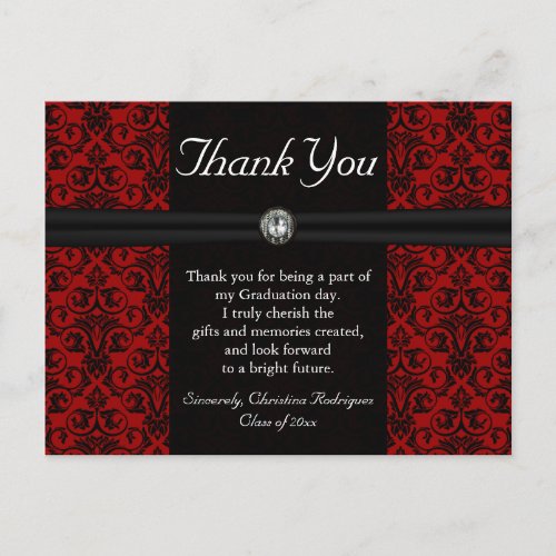Thank You Card Black and Red Damask Jewel