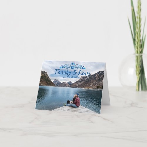 Thank You Card Blue Floral Design Over Photo