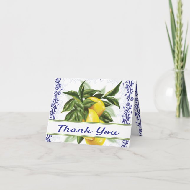 Thank You Card Blue Toile Lemons Customized (Front)