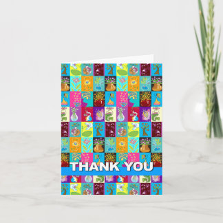 Thank You Card Colorful Floral Mosaic Blue