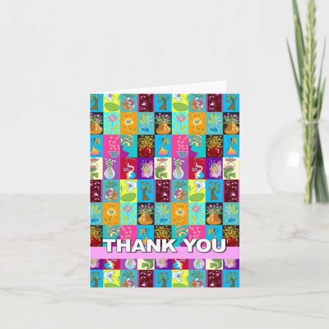 Thank You Card Colorful Floral Mosaic Pink (Front)