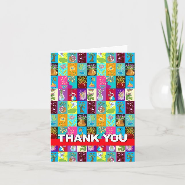Thank You Card Colorful Floral Mosaic Red (Front)