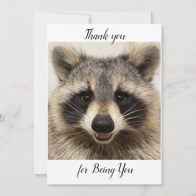 Thank you card featuring "Animal" the Raccoon. (Front)