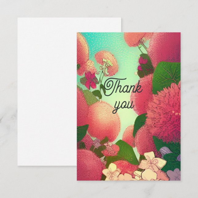 Thank you card flowers pink fuchsia kitty voices (Front/Back)