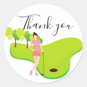 Thank you card for golfer with Lady woman golfer  Classic Round Sticker