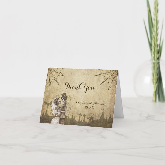 Thank You card for Halloween wedding with skeleton