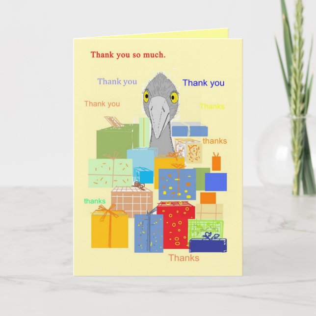 Thank You Card, Funny bird with gifts (Front)