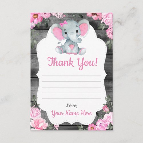 Thank You Card Girl Elephant Shower Flowers Rustic