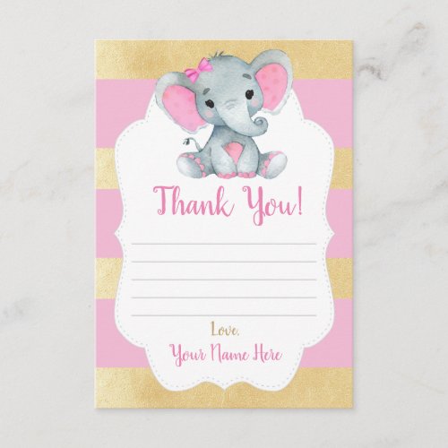 Thank You Card Girl Elephant Shower Gold Pink