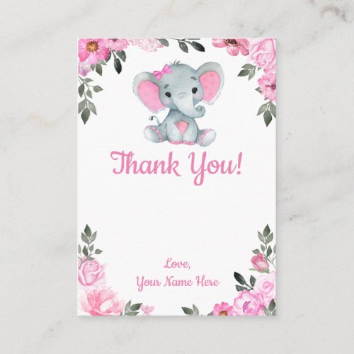 Thank You Card Girl Elephant Shower Pink Rustic