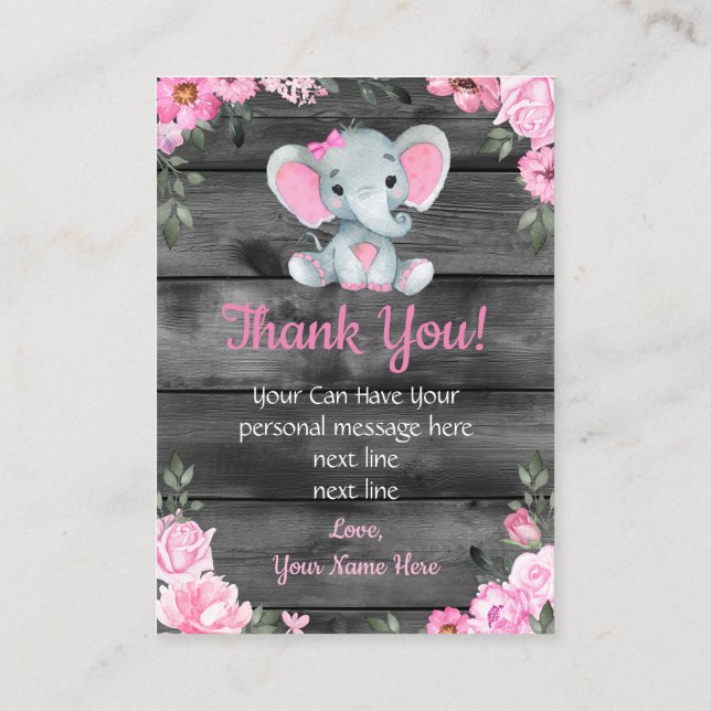 Thank You Card Girl Elephant Shower Pink Rustic (Back)