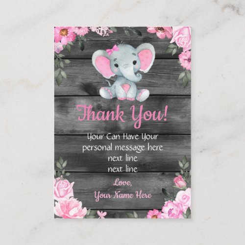 Thank You Card Girl Elephant Shower Pink Rustic