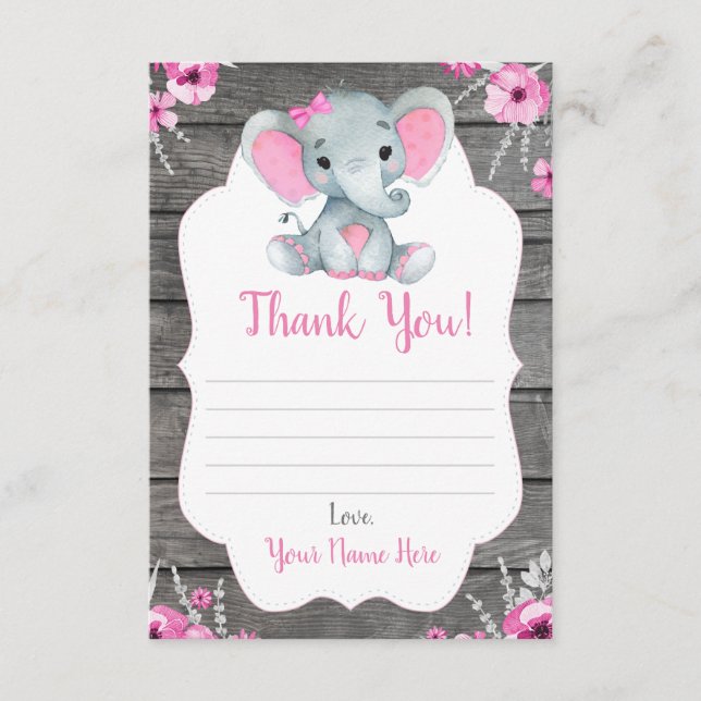 Thank You Card Girl Elephant Shower with Flowers (Front)