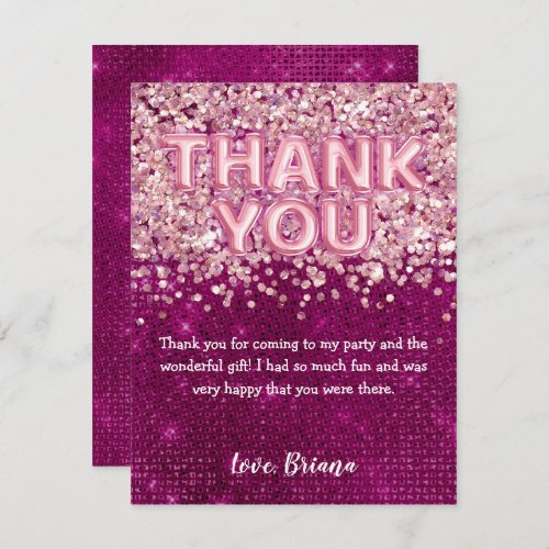 Thank You Card Girly Magenta Pink Glitter Balloons