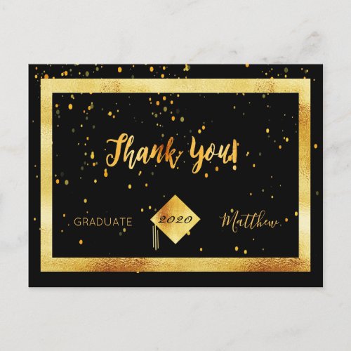 Thank you card graduation black gold confetti