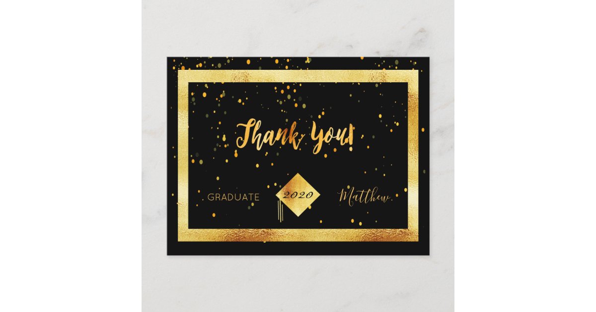 Thank you card graduation black gold confetti | Zazzle