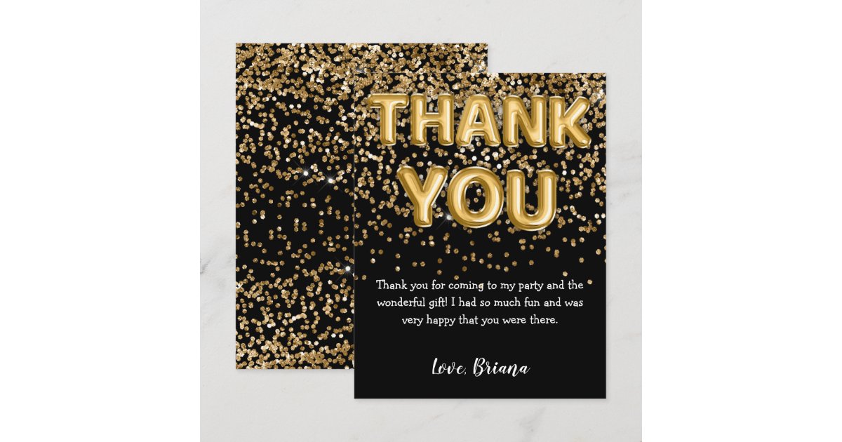 Thank You Card Modern Black Gold Glitter Balloons | Zazzle