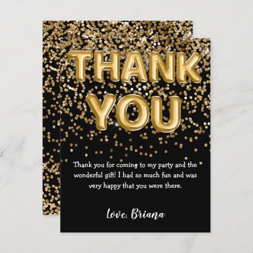 Thank You Card Modern Black Gold Glitter Balloons