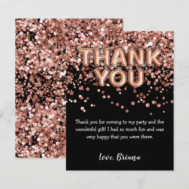 Thank You Card Modern Black Rose Gold Glitter | Zazzle